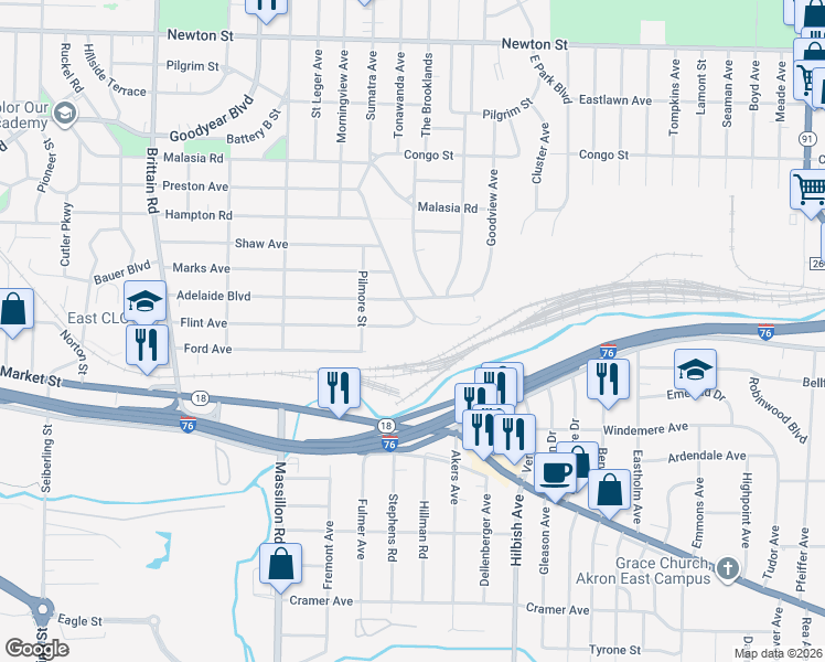 map of restaurants, bars, coffee shops, grocery stores, and more near 1964 Flint Avenue in Akron