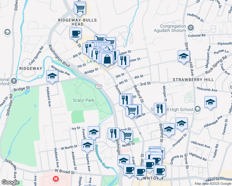 map of restaurants, bars, coffee shops, grocery stores, and more near 1600 Summer Street in Stamford