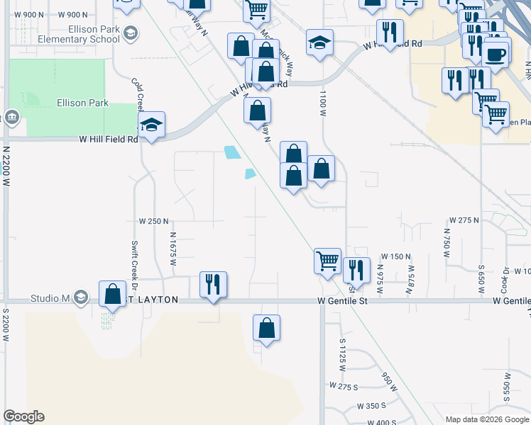 map of restaurants, bars, coffee shops, grocery stores, and more near 1382 West 250 North in Layton