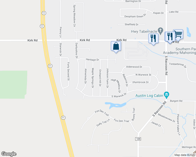 map of restaurants, bars, coffee shops, grocery stores, and more near 3544 Orchard Hill Drive in Canfield