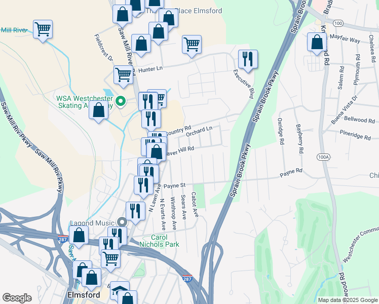 map of restaurants, bars, coffee shops, grocery stores, and more near 24 Beaver Hill Road in Elmsford