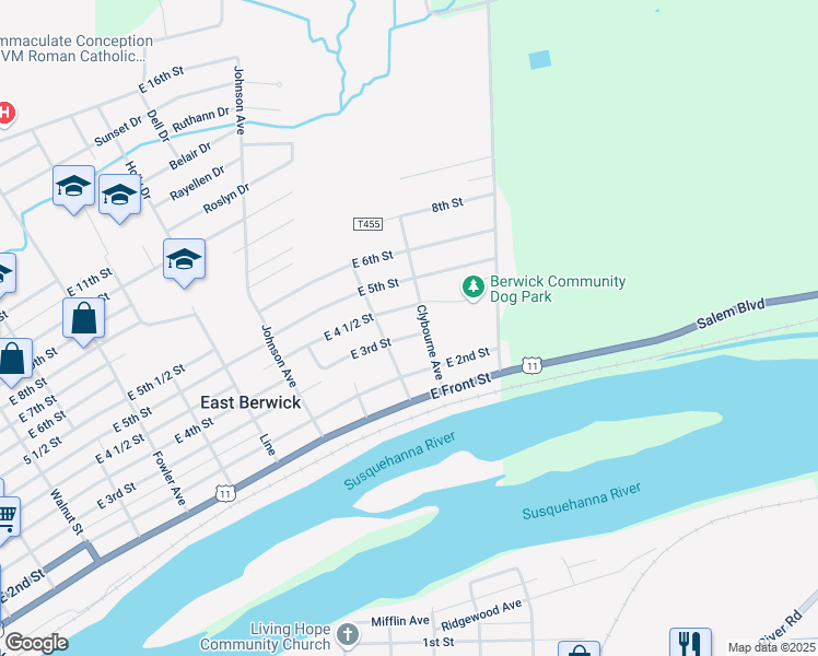 map of restaurants, bars, coffee shops, grocery stores, and more near 1125 E 3rd St in Berwick