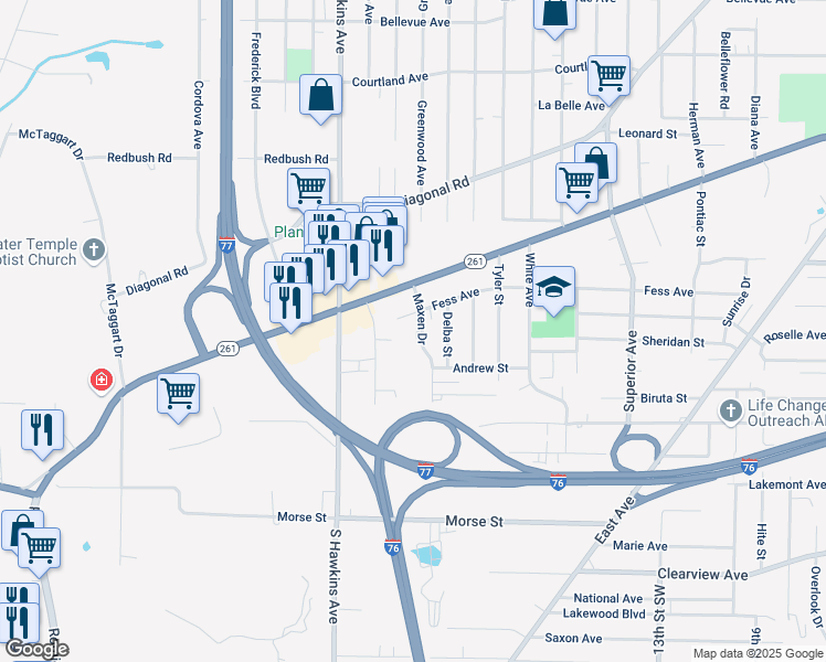 map of restaurants, bars, coffee shops, grocery stores, and more near 1598 Maxen Drive in Akron