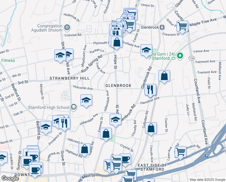 map of restaurants, bars, coffee shops, grocery stores, and more near 100 Hope Street in Stamford