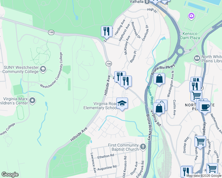 map of restaurants, bars, coffee shops, grocery stores, and more near 19 Lawrence Drive in White Plains