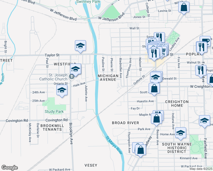 map of restaurants, bars, coffee shops, grocery stores, and more near in Fort Wayne
