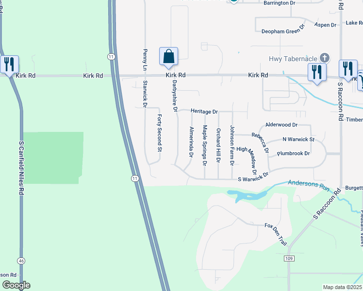 map of restaurants, bars, coffee shops, grocery stores, and more near 3565 Darbyshire Drive in Canfield