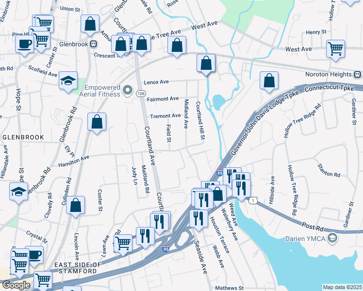 map of restaurants, bars, coffee shops, grocery stores, and more near 258 Hamilton Avenue in Stamford