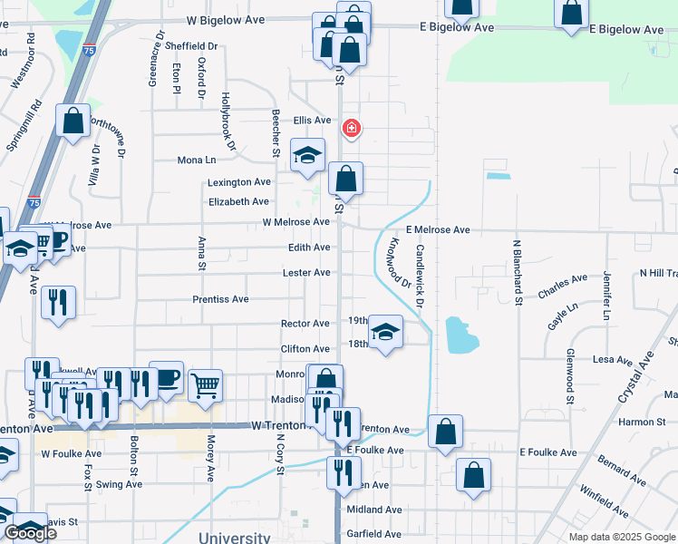 map of restaurants, bars, coffee shops, grocery stores, and more near 101 Lester Avenue in Findlay