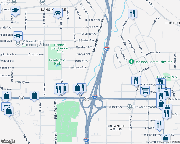 map of restaurants, bars, coffee shops, grocery stores, and more near 3525 Shirley Road in Youngstown