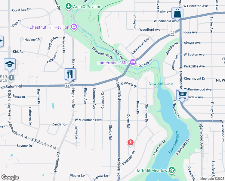 map of restaurants, bars, coffee shops, grocery stores, and more near 3429 Shelby Road in Youngstown