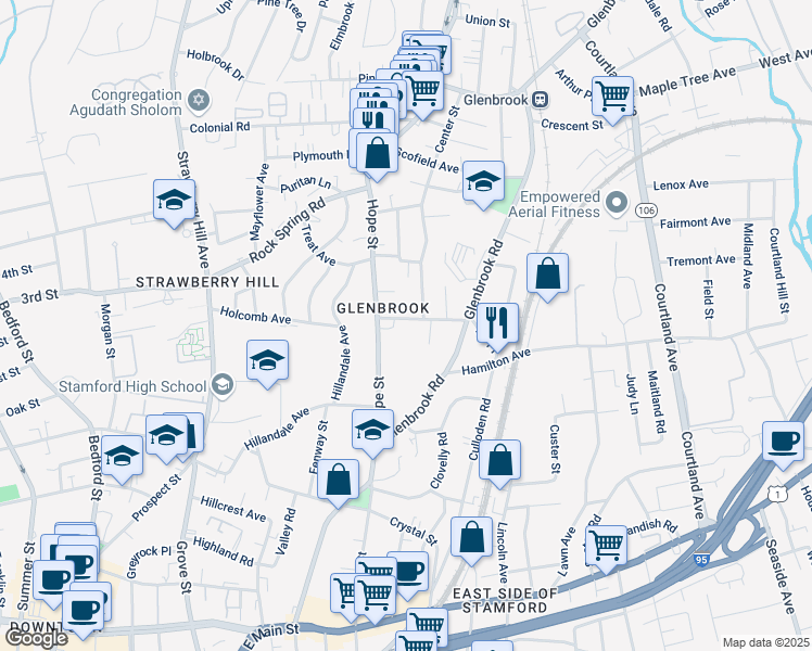 map of restaurants, bars, coffee shops, grocery stores, and more near 4 Howes Avenue in Stamford