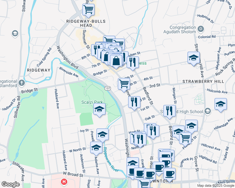 map of restaurants, bars, coffee shops, grocery stores, and more near 7 4th Street in Stamford