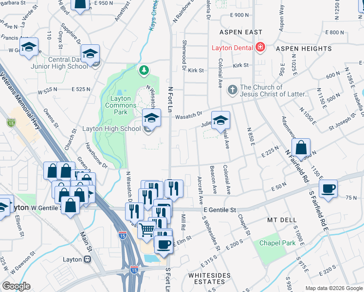 map of restaurants, bars, coffee shops, grocery stores, and more near 300 North Fort Lane in Layton