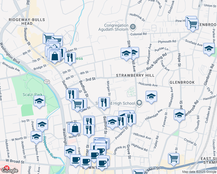 map of restaurants, bars, coffee shops, grocery stores, and more near 95 Morgan Street in Stamford