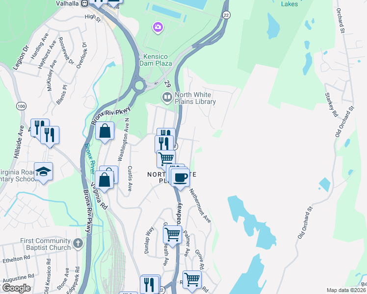 map of restaurants, bars, coffee shops, grocery stores, and more near 22 Kensico Knoll Road in White Plains