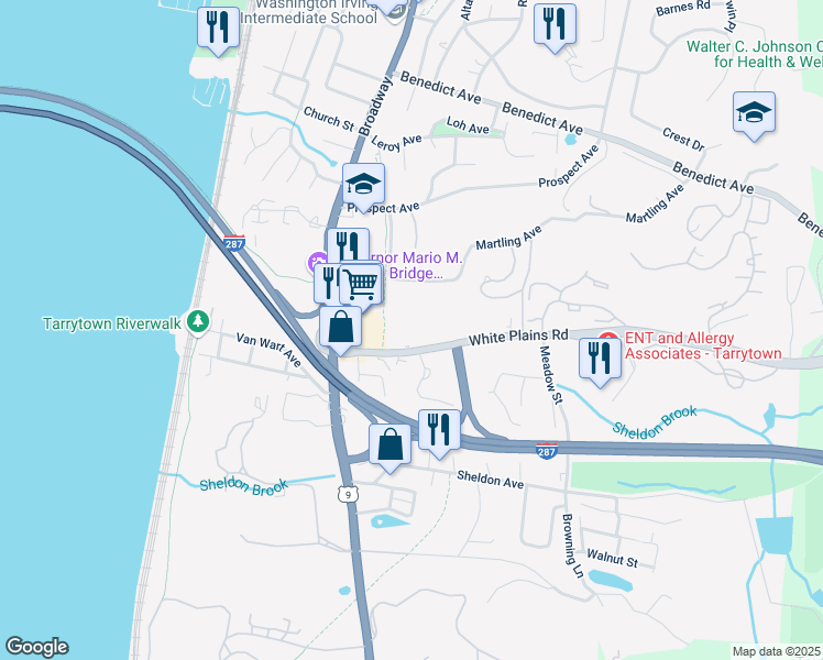 map of restaurants, bars, coffee shops, grocery stores, and more near 9 White Plains Road in Tarrytown