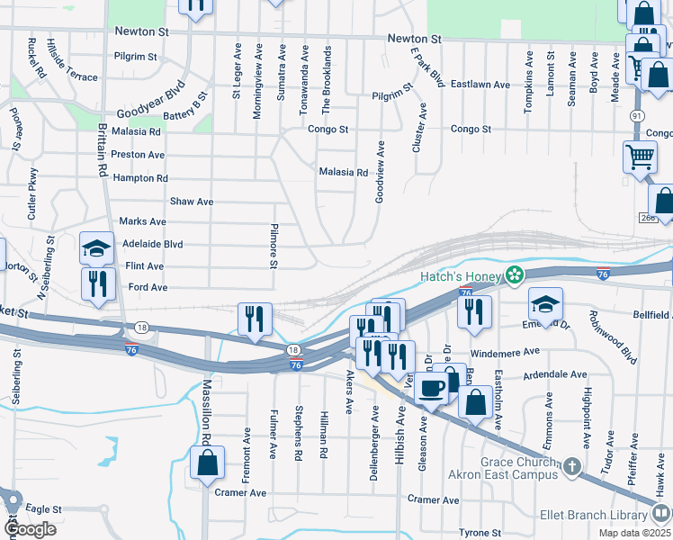 map of restaurants, bars, coffee shops, grocery stores, and more near 1944 Preston Avenue in Akron
