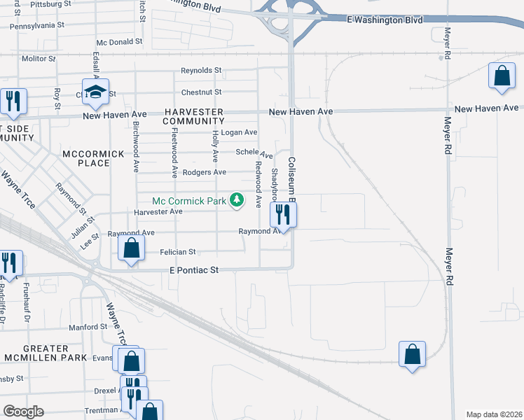 map of restaurants, bars, coffee shops, grocery stores, and more near 2409 Redwood Ave in Fort Wayne
