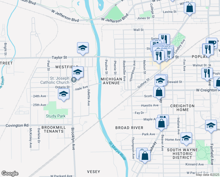 map of restaurants, bars, coffee shops, grocery stores, and more near in Fort Wayne