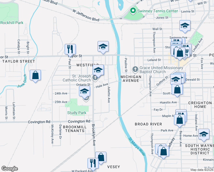 map of restaurants, bars, coffee shops, grocery stores, and more near 2325 Juliette Avenue in Fort Wayne
