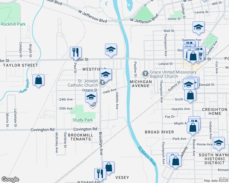 map of restaurants, bars, coffee shops, grocery stores, and more near 1831 Hale Avenue in Fort Wayne