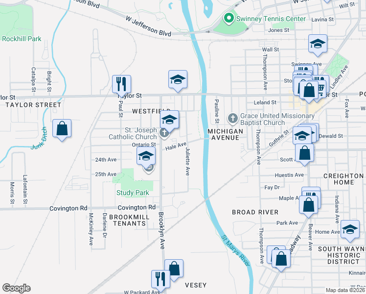 map of restaurants, bars, coffee shops, grocery stores, and more near 1831 Hale Avenue in Fort Wayne