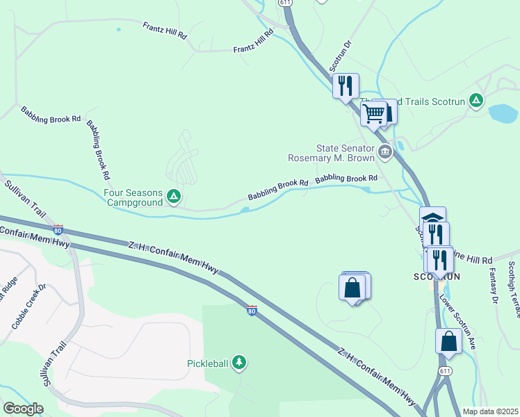 map of restaurants, bars, coffee shops, grocery stores, and more near 535 Scotrun Avenue in Monroe County