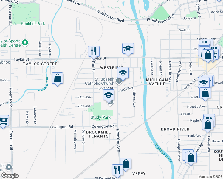 map of restaurants, bars, coffee shops, grocery stores, and more near 2001 Ontario Circle in Fort Wayne