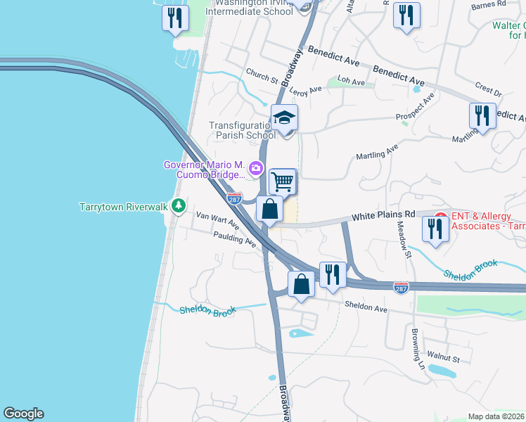 map of restaurants, bars, coffee shops, grocery stores, and more near 351 Broadway in Tarrytown