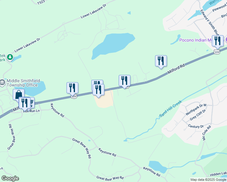map of restaurants, bars, coffee shops, grocery stores, and more near 5226 Milford Road in East Stroudsburg