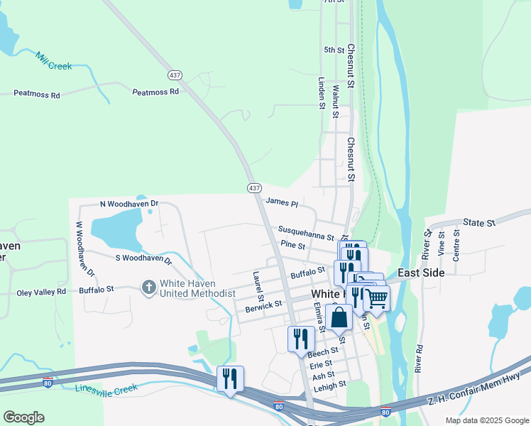 map of restaurants, bars, coffee shops, grocery stores, and more near 182 Pennsylvania 437 in White Haven