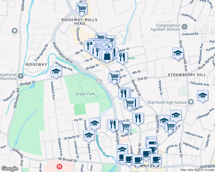 map of restaurants, bars, coffee shops, grocery stores, and more near 7 4th Street in Stamford