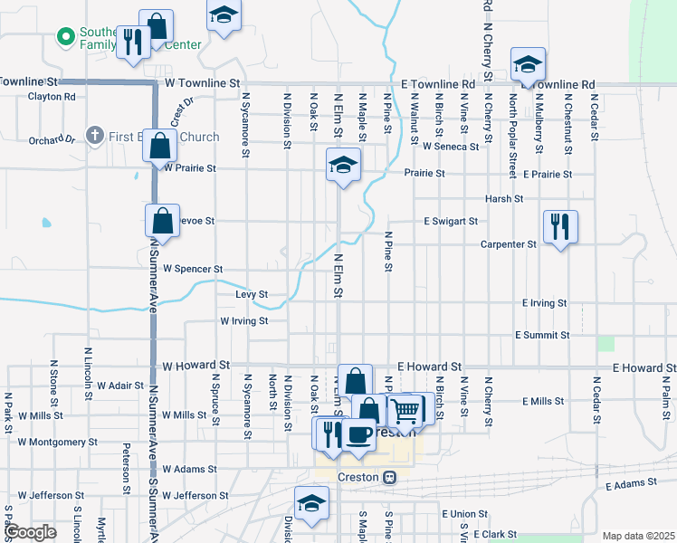 map of restaurants, bars, coffee shops, grocery stores, and more near 699 N Elm St in Creston