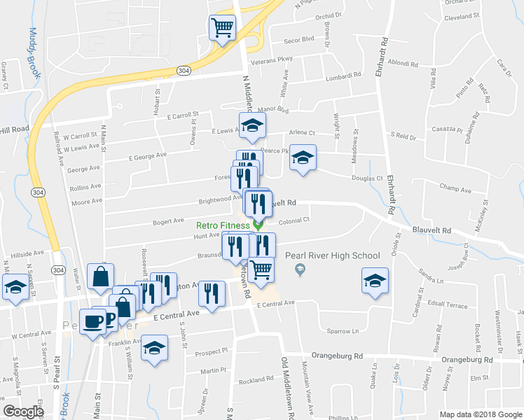 map of restaurants, bars, coffee shops, grocery stores, and more near 229 Blauvelt Road in Pearl River