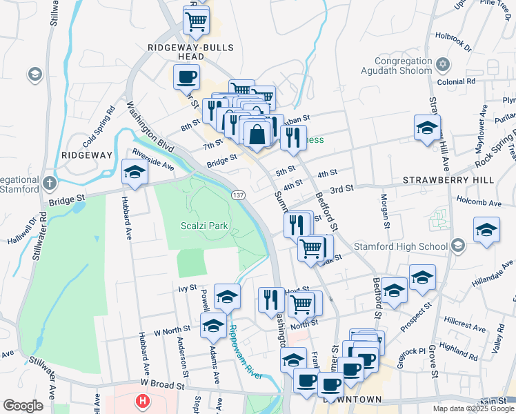 map of restaurants, bars, coffee shops, grocery stores, and more near 7 4th Street in Stamford