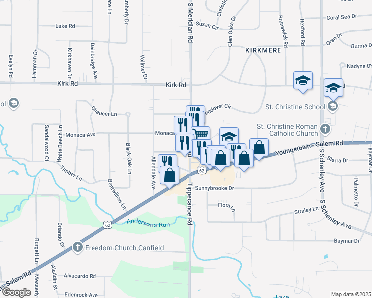 map of restaurants, bars, coffee shops, grocery stores, and more near 3516 South Meridian Road in Youngstown