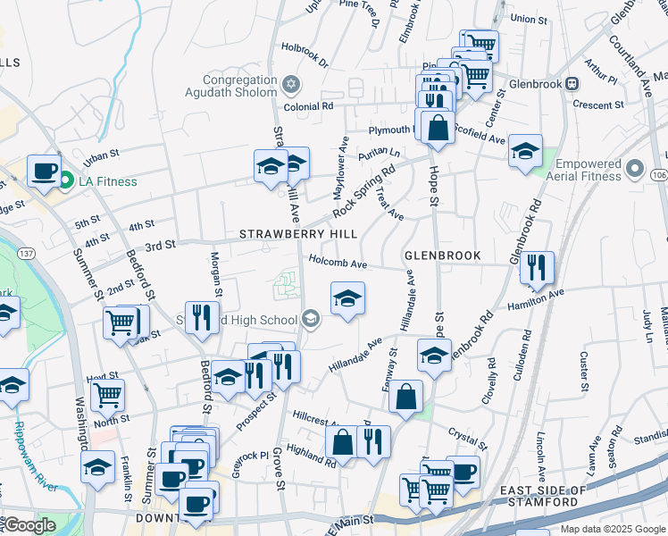 map of restaurants, bars, coffee shops, grocery stores, and more near 33 Holcomb Avenue in Stamford