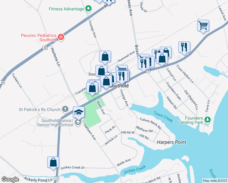 map of restaurants, bars, coffee shops, grocery stores, and more near 170 Mechanic Street in Southold