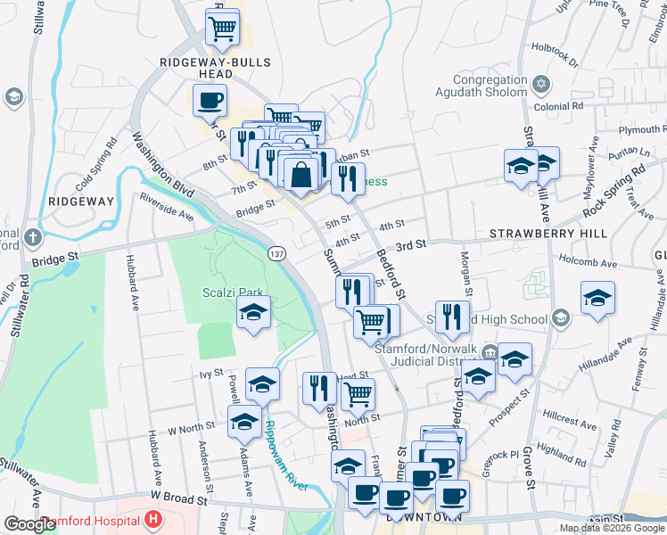 map of restaurants, bars, coffee shops, grocery stores, and more near 1600 Summer Street in Stamford