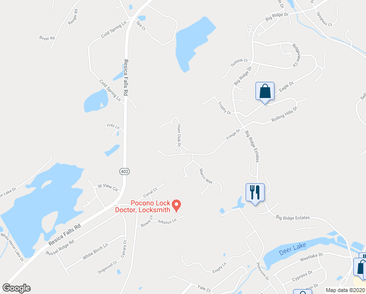 map of restaurants, bars, coffee shops, grocery stores, and more near Inverness Drive in East Stroudsburg
