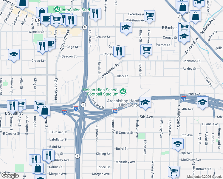 map of restaurants, bars, coffee shops, grocery stores, and more near 511 Gridley Avenue in Akron