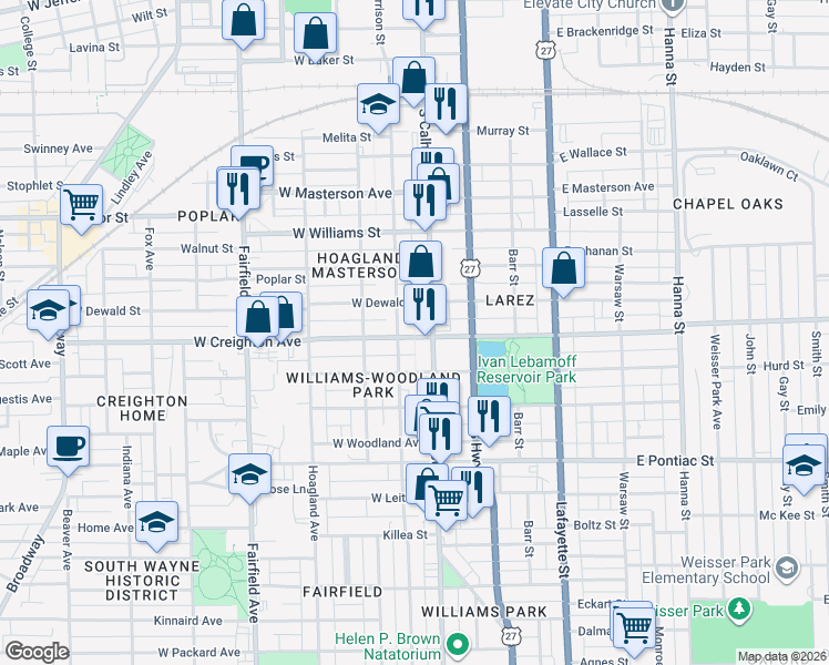 map of restaurants, bars, coffee shops, grocery stores, and more near 118 West Creighton Avenue in Fort Wayne