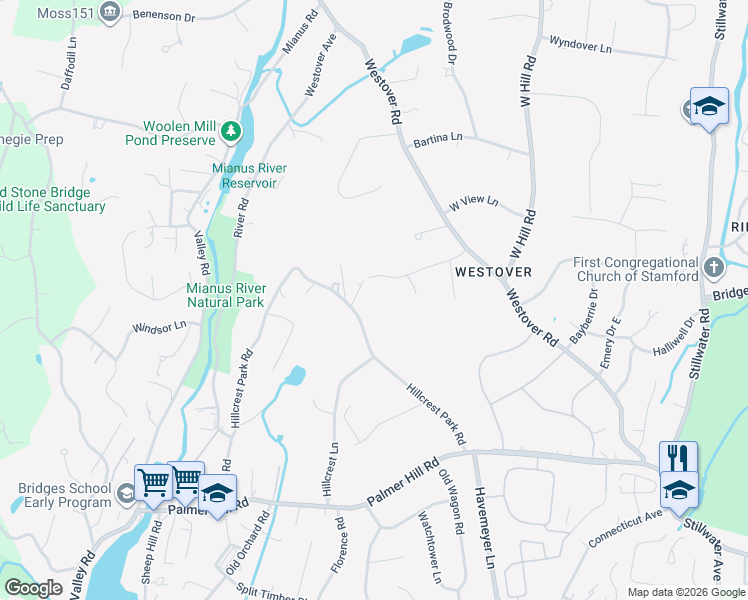 map of restaurants, bars, coffee shops, grocery stores, and more near 43 Hillcrest Avenue in Stamford