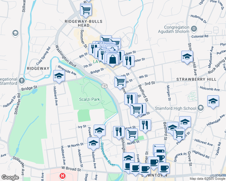 map of restaurants, bars, coffee shops, grocery stores, and more near 7 4th Street in Stamford