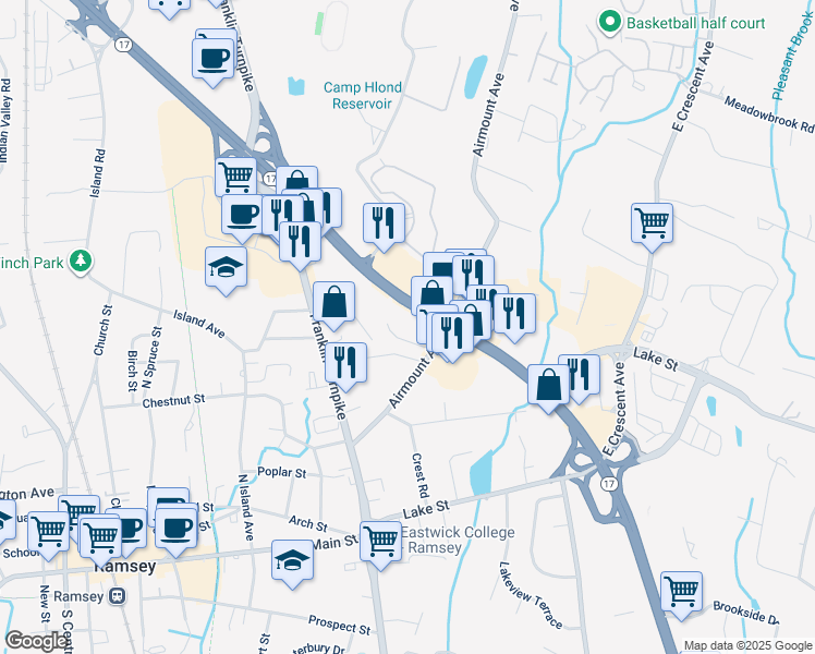 map of restaurants, bars, coffee shops, grocery stores, and more near 905 New Jersey 17 in Ramsey
