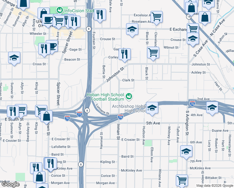 map of restaurants, bars, coffee shops, grocery stores, and more near 511 Gridley Avenue in Akron
