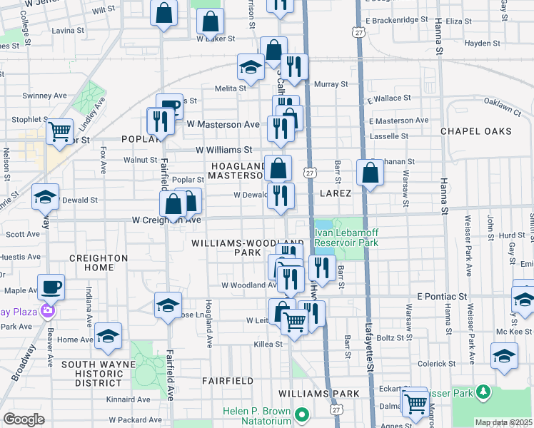 map of restaurants, bars, coffee shops, grocery stores, and more near 115 West Creighton Avenue in Fort Wayne