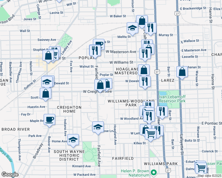map of restaurants, bars, coffee shops, grocery stores, and more near 2306 Hoagland Avenue in Fort Wayne