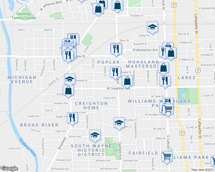 map of restaurants, bars, coffee shops, grocery stores, and more near 649 West Creighton Avenue in Fort Wayne